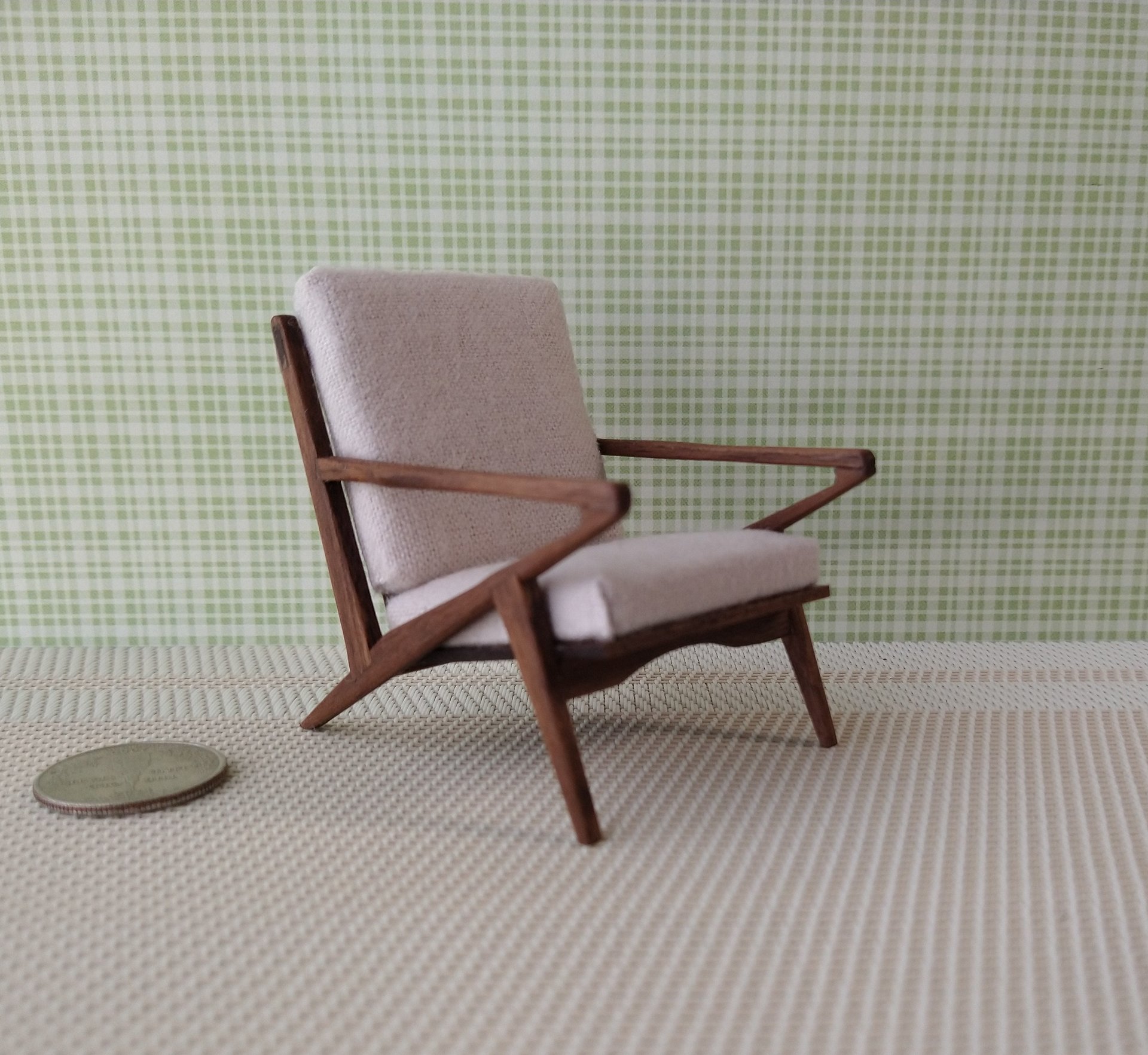 RESERVED 1:12 Dollhouse mid-century styled chair in walnut wood with Z frames Mod lounge chair MCM chair