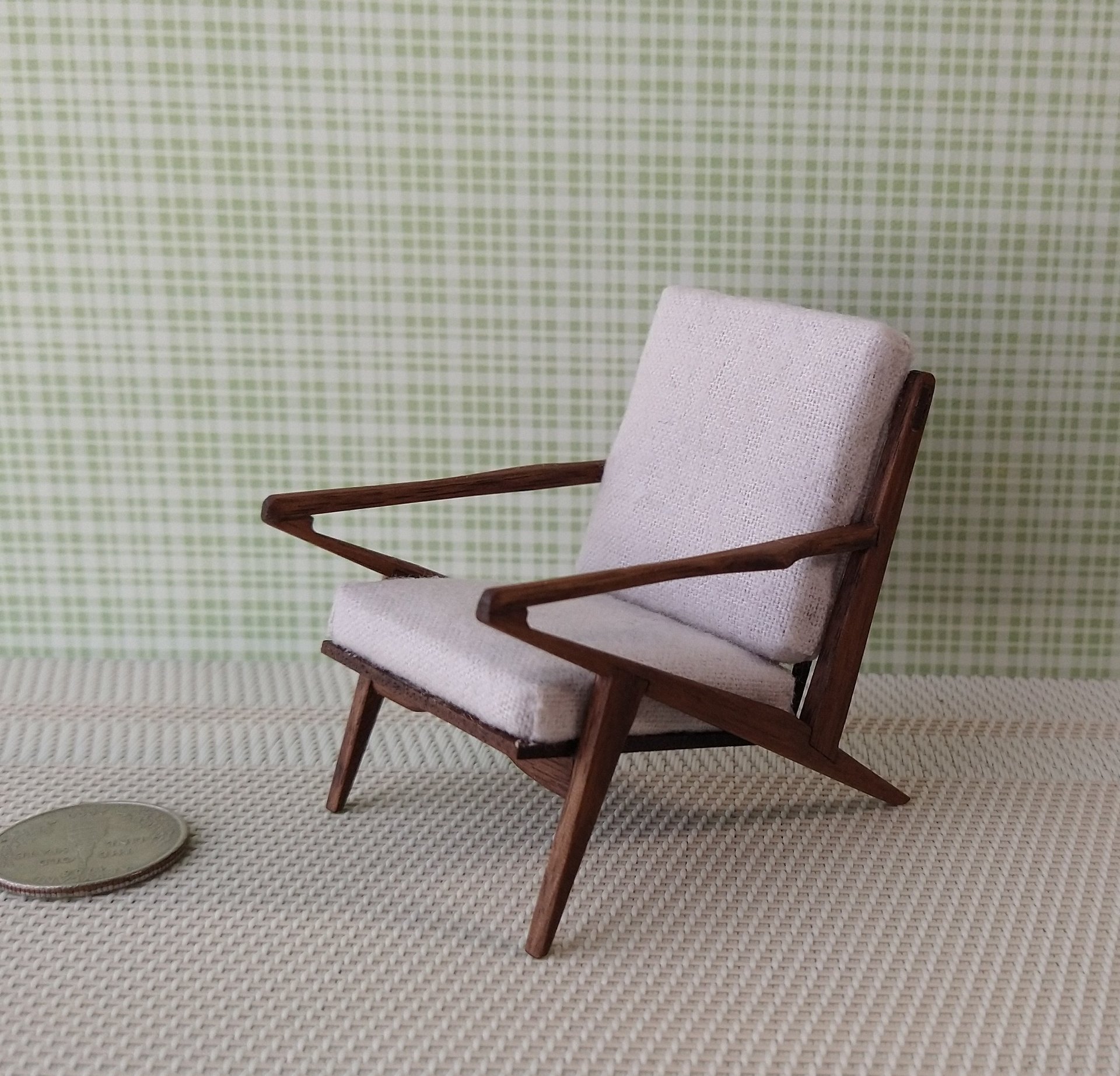 RESERVED 1:12 Dollhouse mid-century styled chair in walnut wood with Z frames Mod lounge chair MCM chair