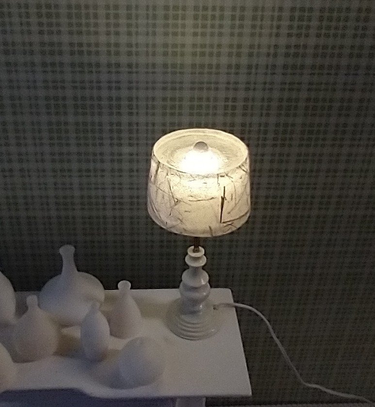 1:12 Dollhouse table lamp with translucent shade covered with handmade paper Battery operated minaiture LED console lamp with external wires