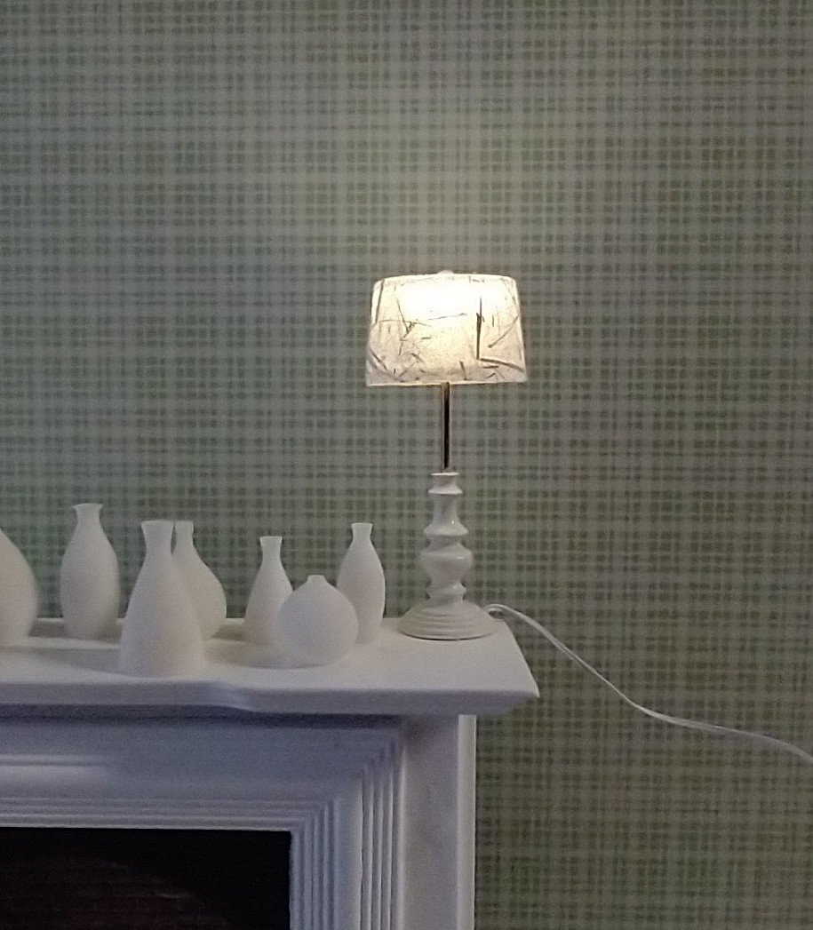 1:12 Dollhouse table lamp with translucent shade covered with handmade paper Battery operated minaiture LED console lamp with external wires