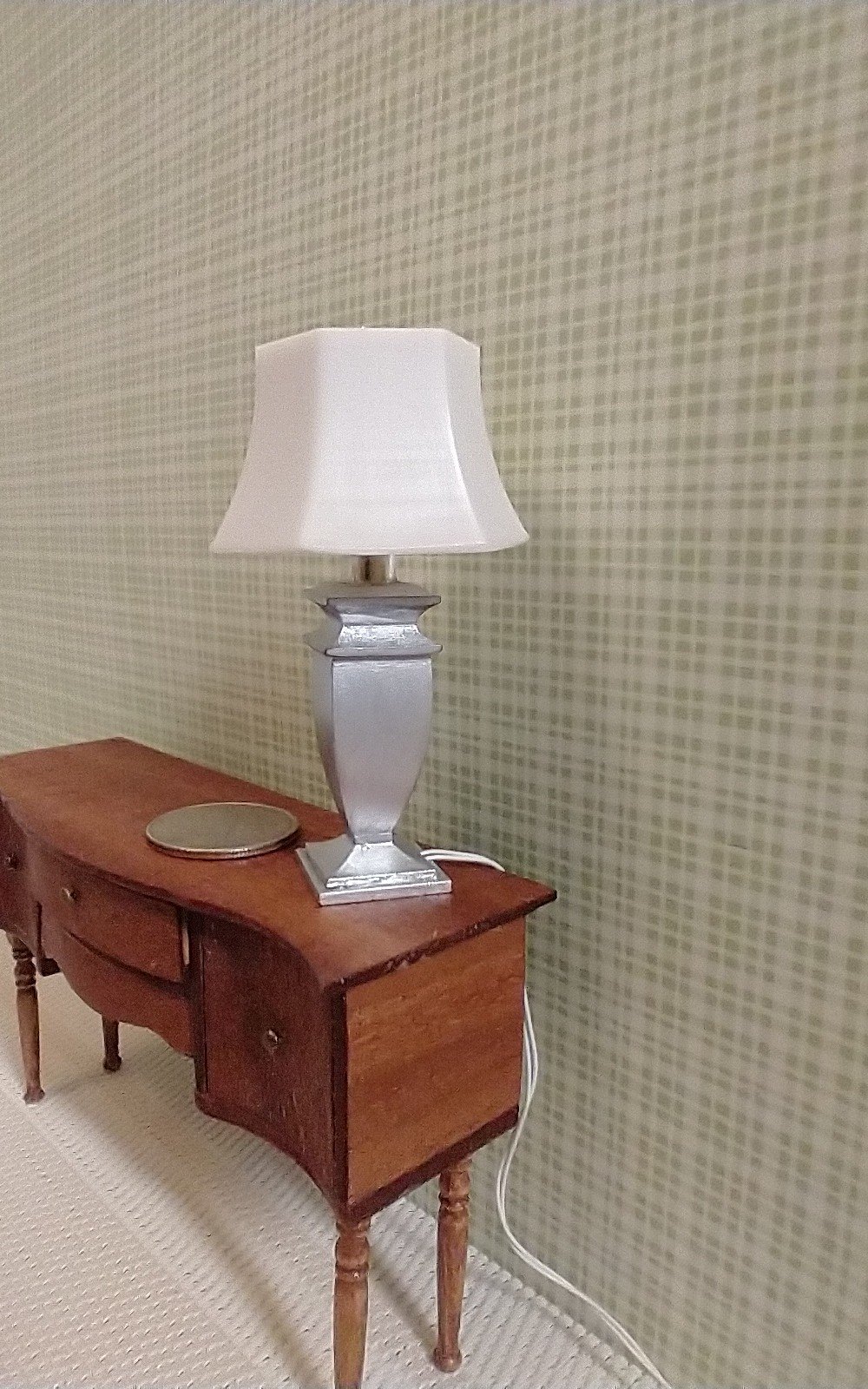 1:12 Dollhouse urn table lamp with translucent shade Accent table lamp faux brushed nickel post Battery operated LED lamp w/ external wires