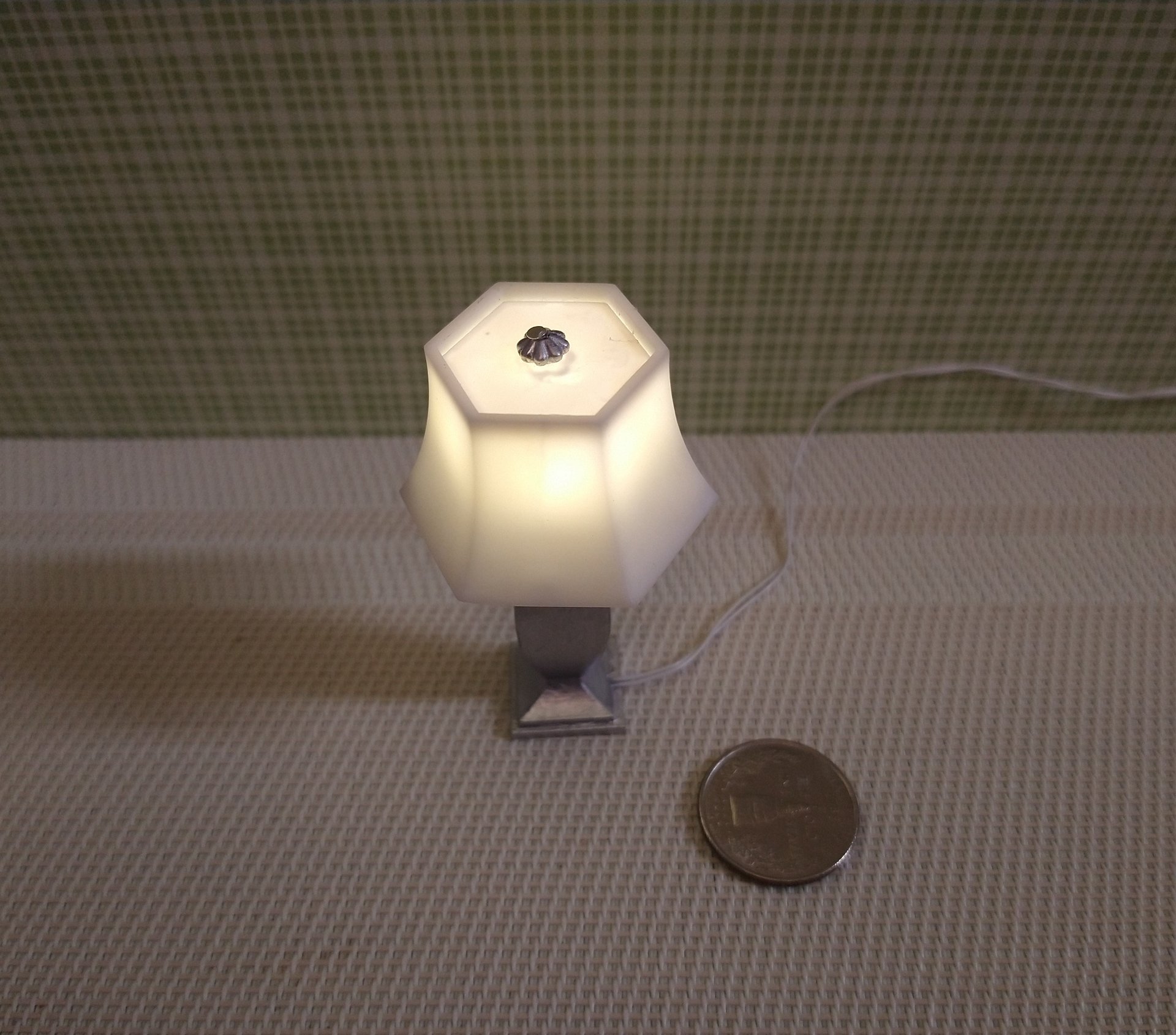 1:12 Dollhouse urn table lamp with translucent shade Accent table lamp faux brushed nickel post Battery operated LED lamp w/ external wires