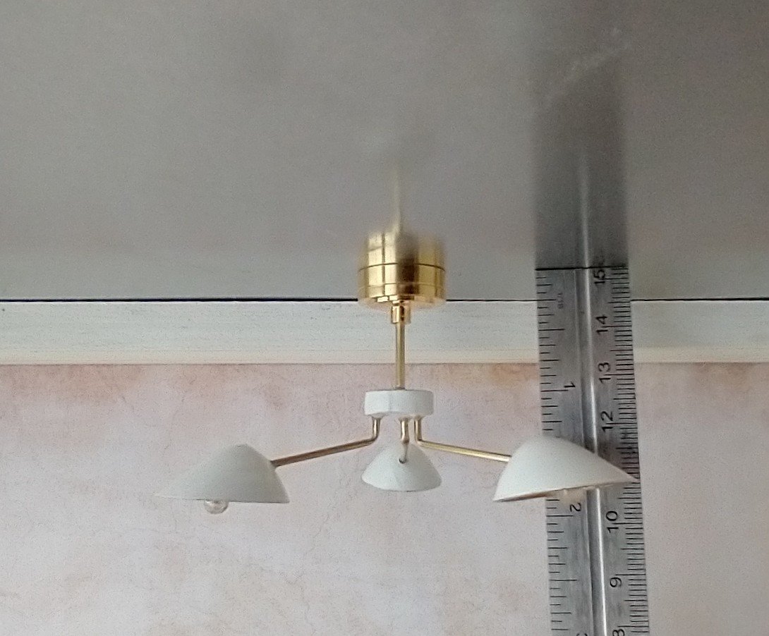 RESERVED 1:12 Dollhouse miniature mid-century modern chandelier MCM 3-light ceiling light white shades Battery operated LED miniature lamp