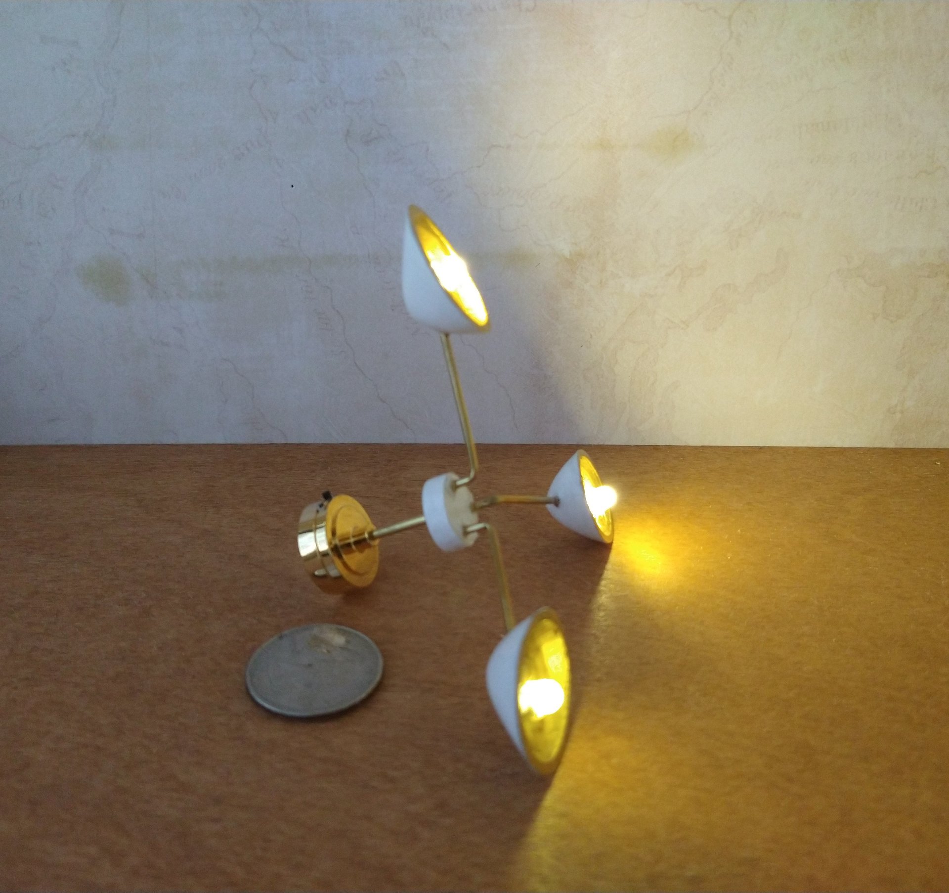 RESERVED 1:12 Dollhouse miniature mid-century modern chandelier MCM 3-light ceiling light white shades Battery operated LED miniature lamp