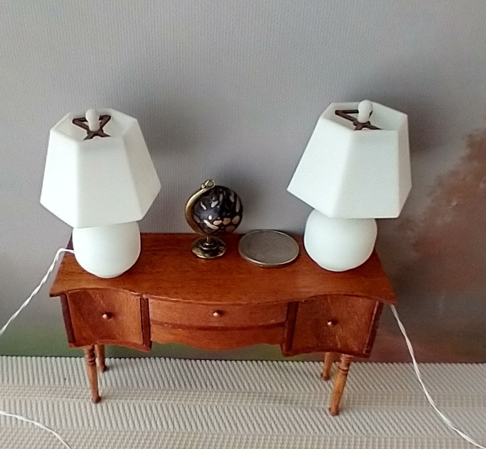 RESERVED 1:12 dollhouse table lamps with hexagonal shades (unfinished) Battery operated dollhouse table lamps on external wires Quantity A PAIR