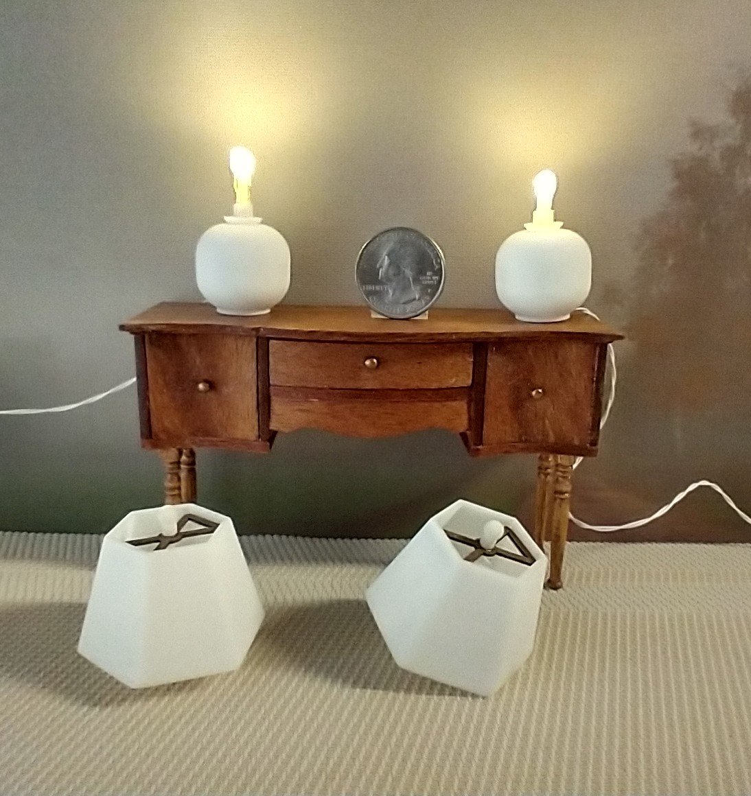 RESERVED 1:12 dollhouse table lamps with hexagonal shades (unfinished) Battery operated dollhouse table lamps on external wires Quantity A PAIR