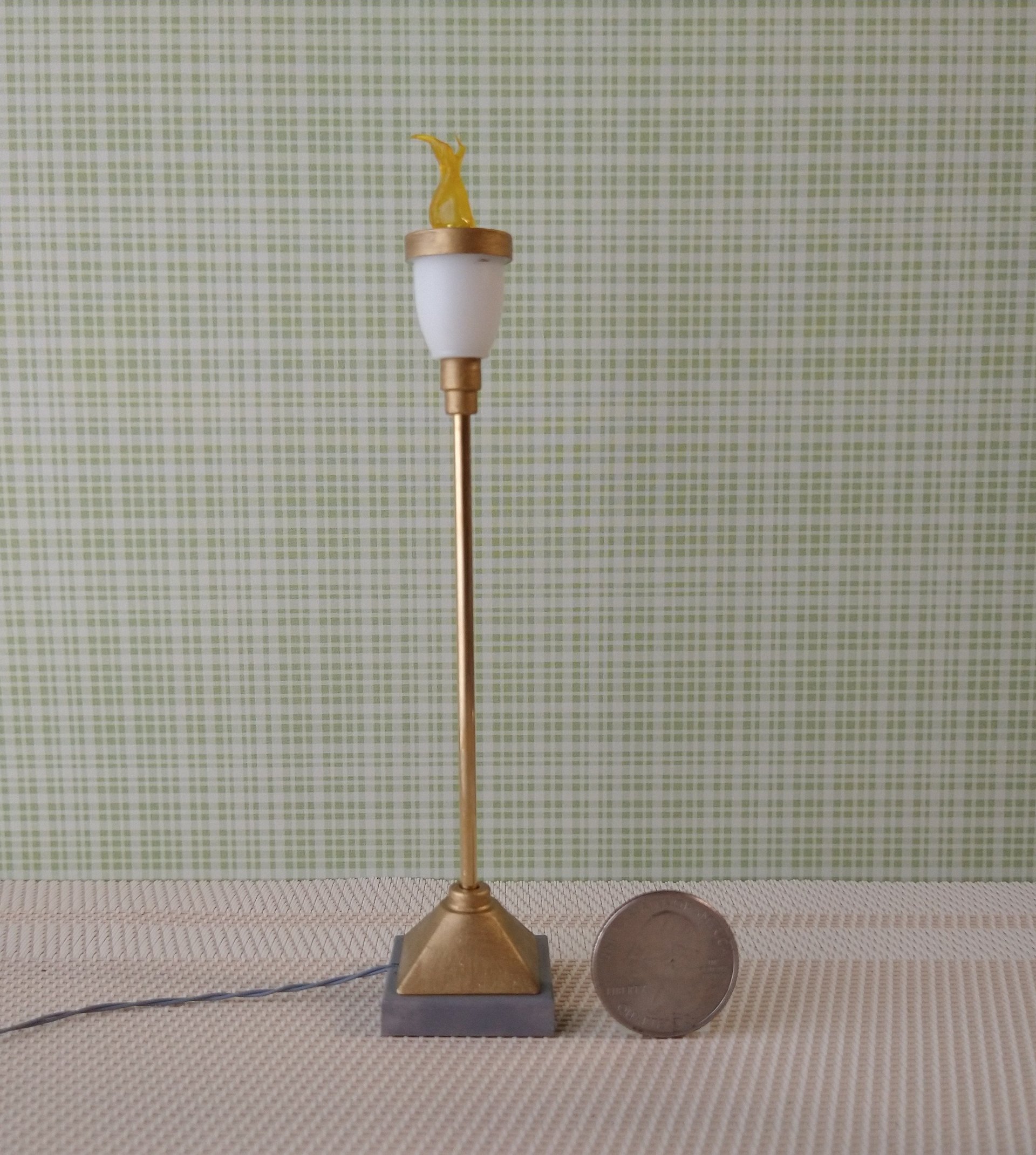 1:12 Dollhouse torch light with flickering flames Battery operated floor light brass post on faux concrete stone with external wires Price is for EACH