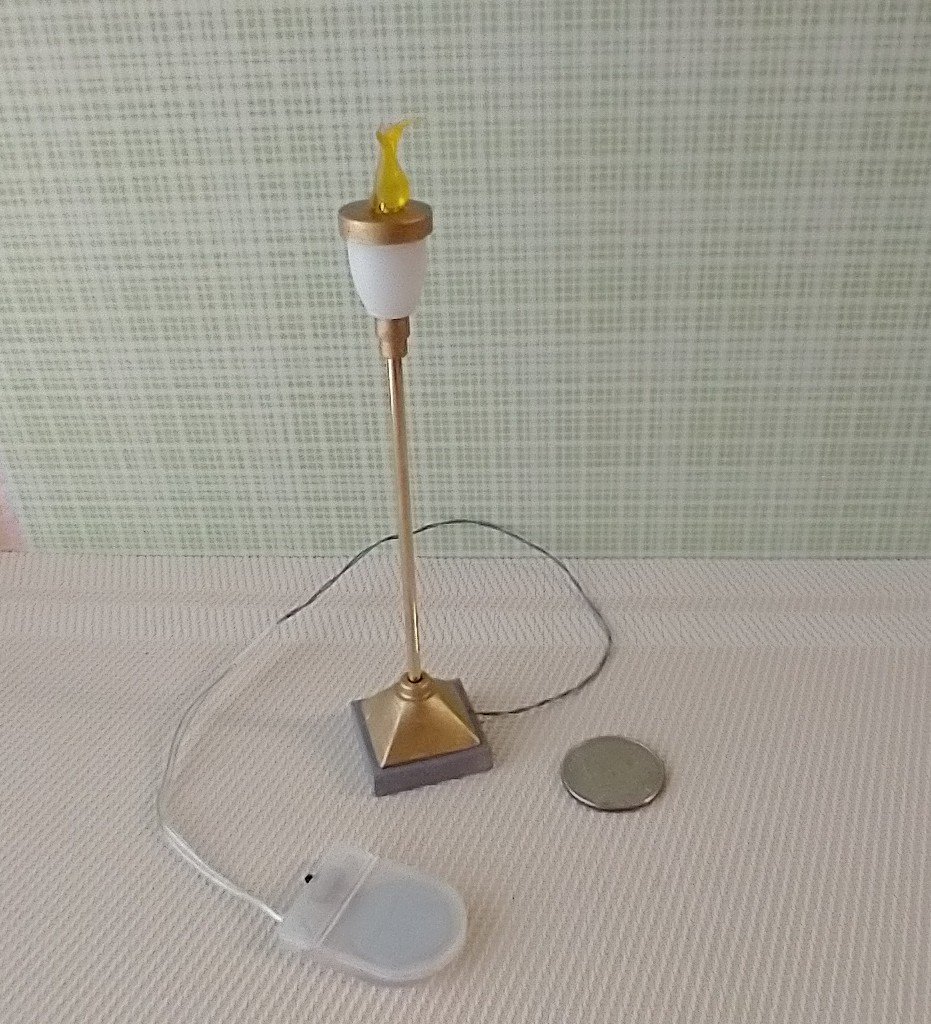 1:12 Dollhouse torch light with flickering flames Battery operated floor light brass post on faux concrete stone with external wires Price is for EACH