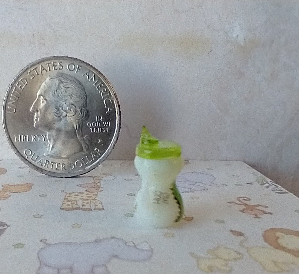 1:12 Dollhouse miniature sippy cup with easy grip handles Dinos decals REF Translucent green lid