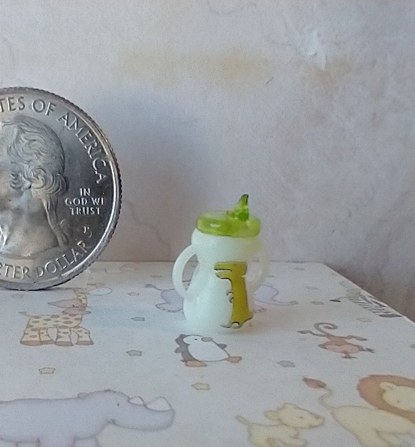 1:12 Dollhouse miniature sippy cup with easy grip handles Dinos decals REF Translucent green lid