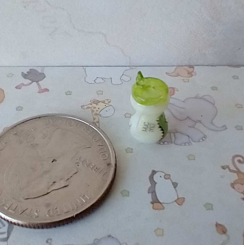1:12 Dollhouse miniature sippy cup with easy grip handles Dinos decals REF Translucent green lid