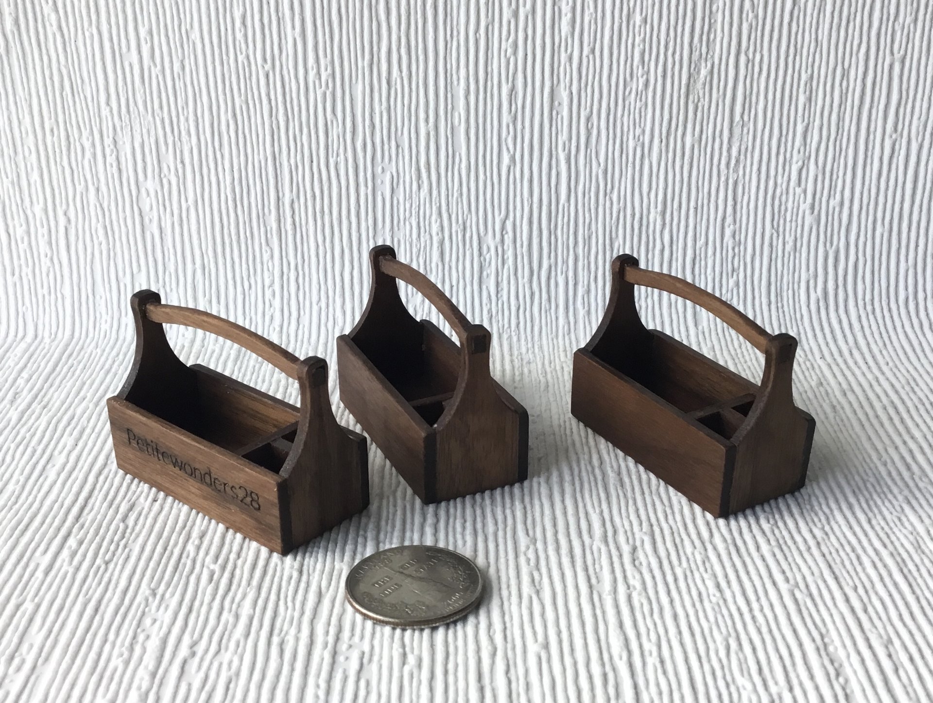 1:12 dollhouse tool tote in solid walnut Miniature tool tote for wood shop or gardening Each tote comes with 4 tools Price is for ONE tote and tools set