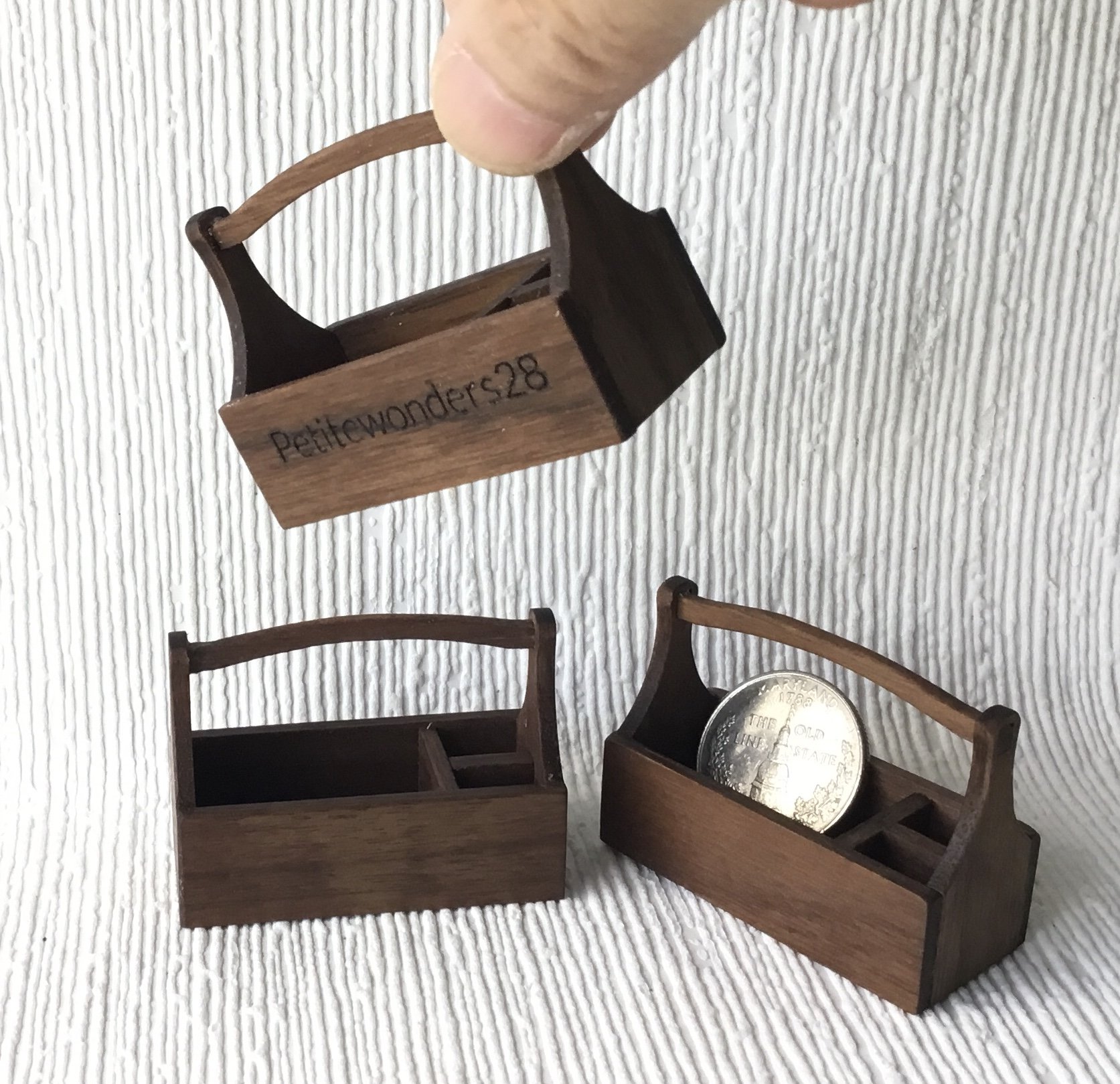 1:12 dollhouse tool tote in solid walnut Miniature tool tote for wood shop or gardening Each tote comes with 4 tools Price is for ONE tote and tools set