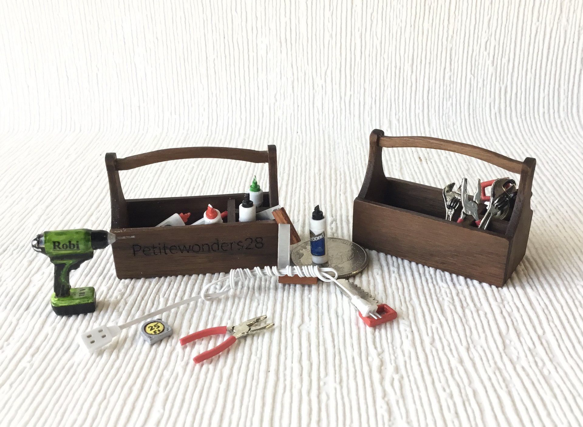 1:12 dollhouse tool tote in solid walnut Miniature tool tote for wood shop or gardening Each tote comes with 4 tools Price is for ONE tote and tools set