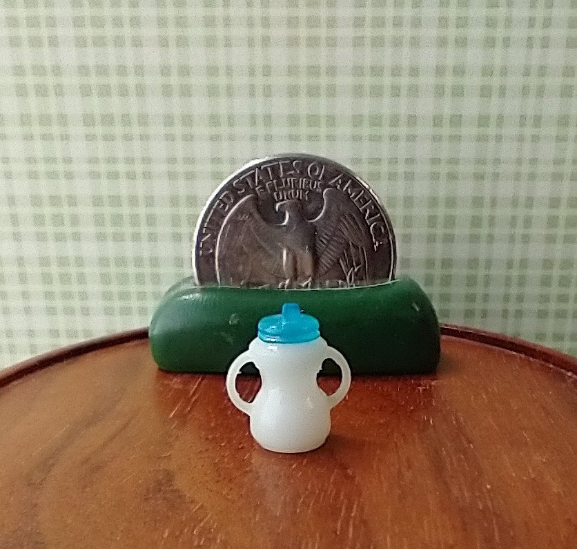 RESERVED 1:12 Dollhouse miniature white sippy cup with easy grip handles hand finished with teddy bear decal REF Blue lid