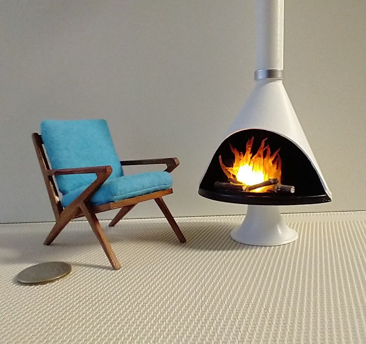1:12 Dollhouse miniature Mid century modern free standing fireplace MCM white fireplace inspired by Malm fireplace Retro fireplace REF White