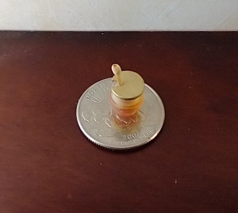 1:12 Dollhouse clear beehive honey jar with immersed wooden dipper and removable golden lid REF Golden lid