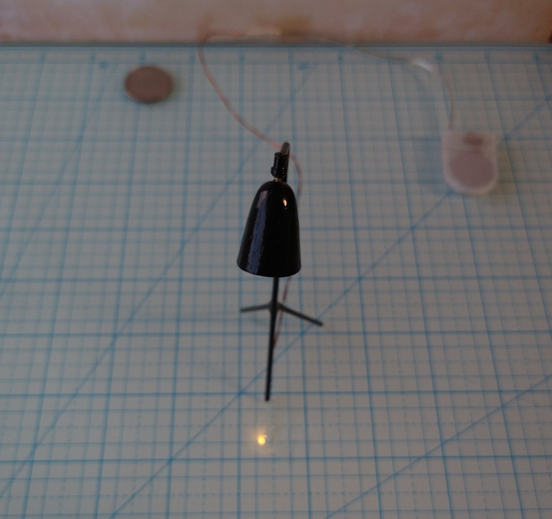 1:12 Dollhouse mid-century styled floor lamp Black tripod floor lamp Battery operated LED lamp with external wires REF Grasshopper