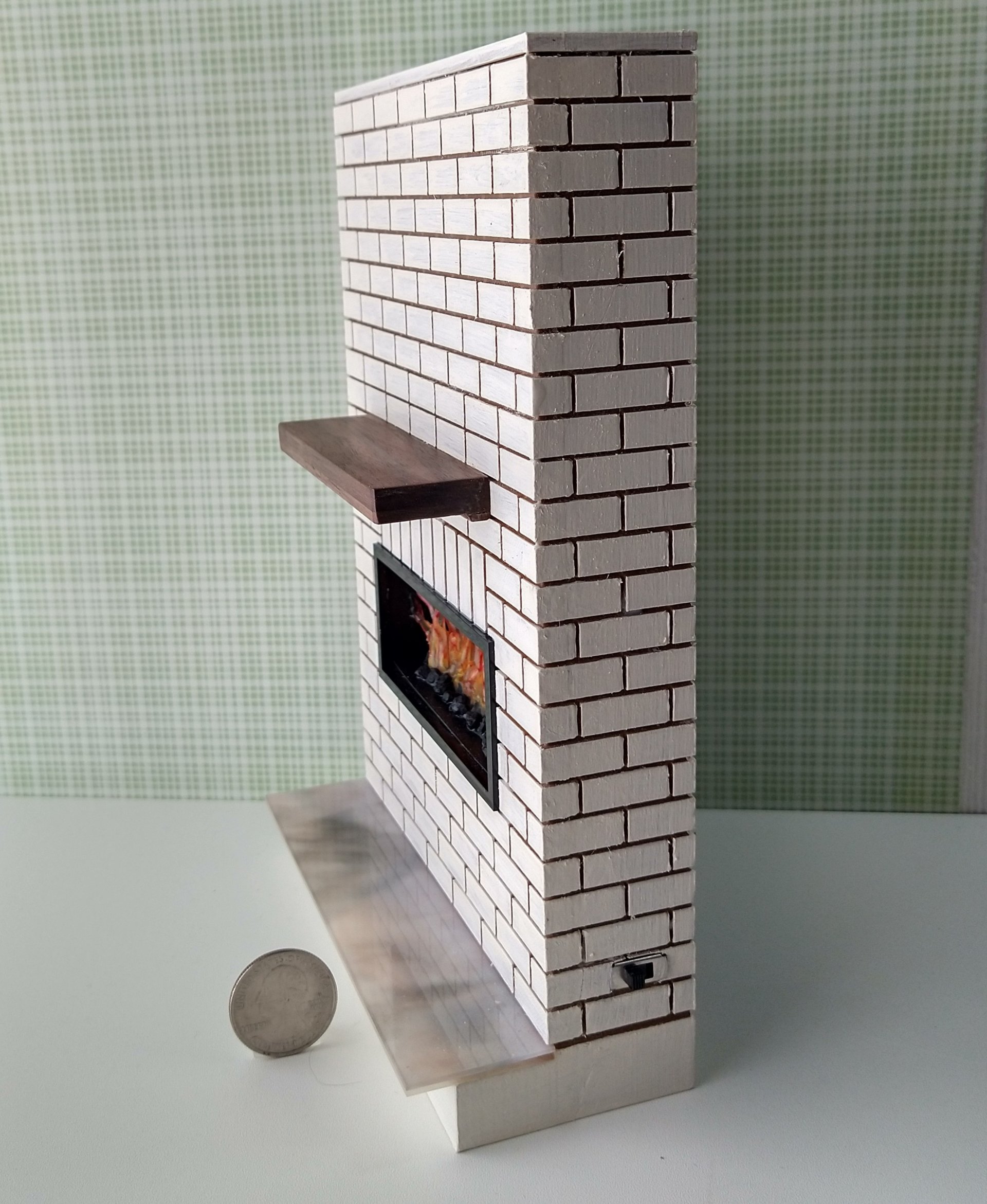 1:12 Dollhouse modern brick patterned fireplace with flickering insert slide switch battery opeated by two AAA batteries Free standing