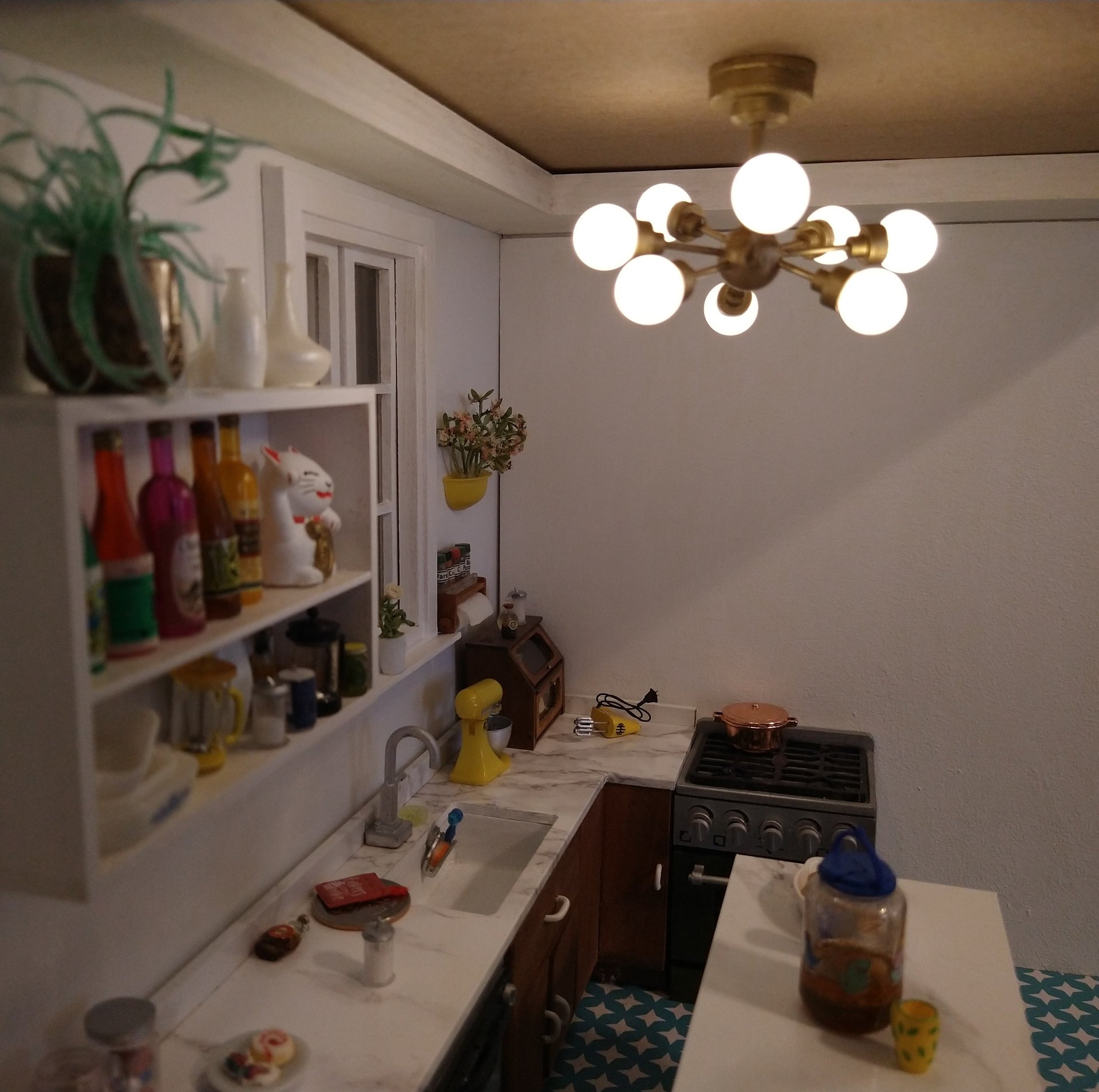 RESERVED for Sherryl.  1:12 Dollhouse mid-century inspired space age orbit chandelier Atomic age MCM 8-light ceiling light