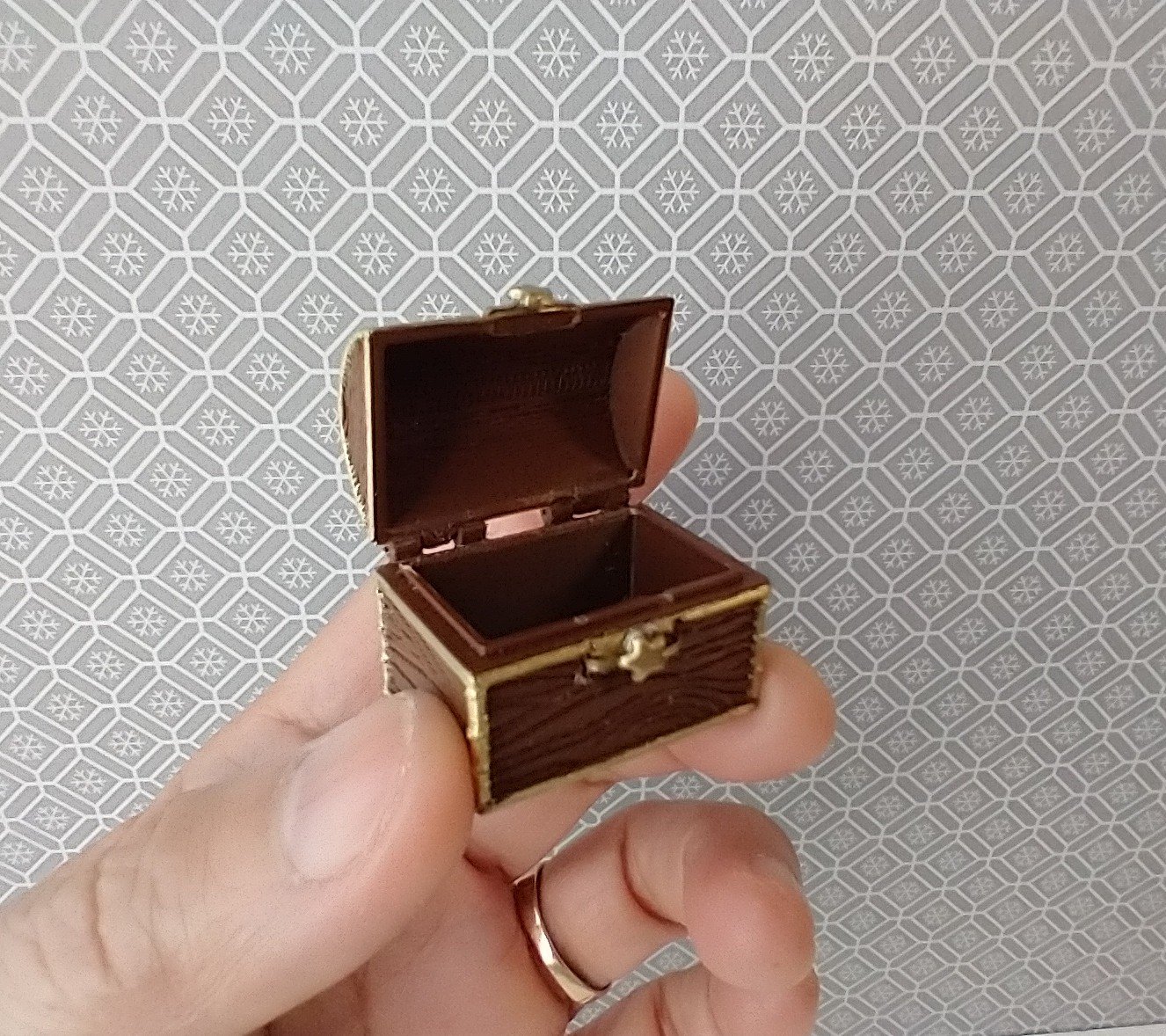 1:12 scale miniature treasure chest in chocolate color wood grain texture - an alternative to traditional pumpkin candy basket REF Small