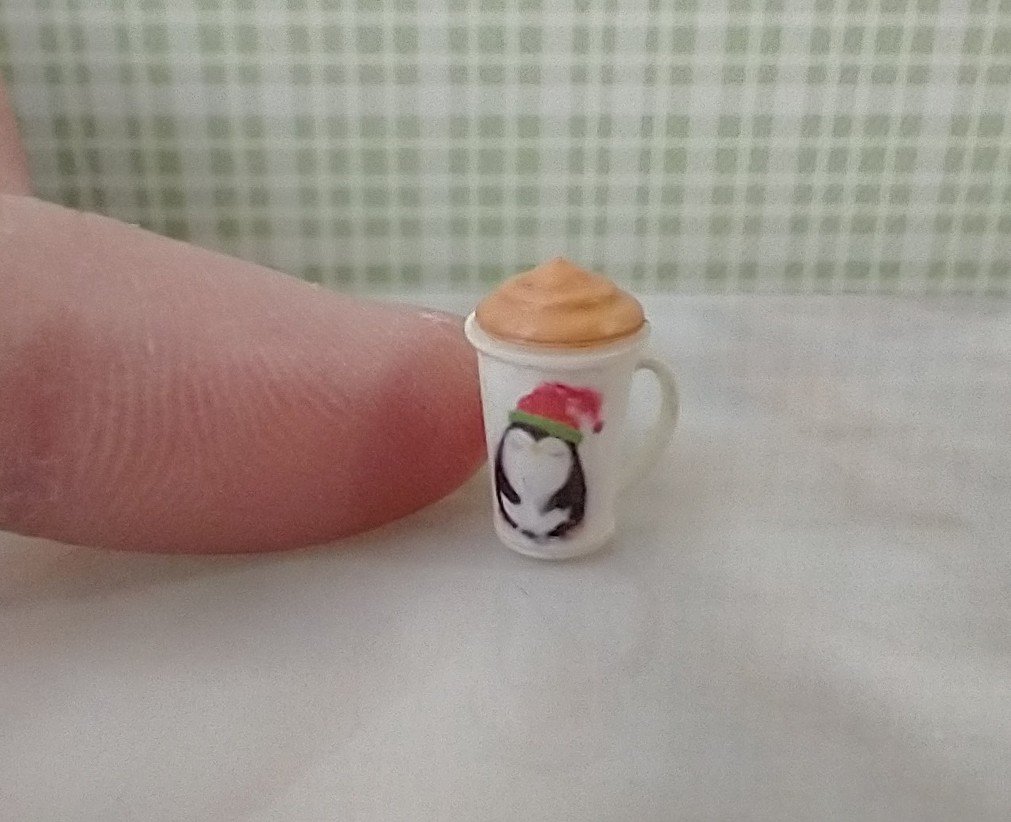 1:12 scale dollhouse winter themed mug with cream lid Hot cocoa mug in cream white REF Cream white cocoa mug