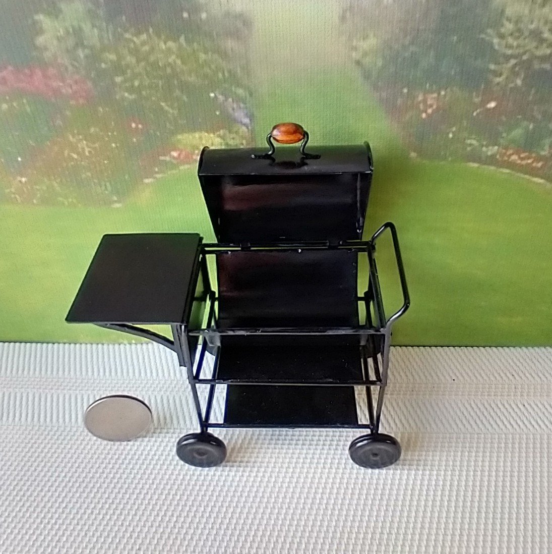 RESERVED 1:12 Dollhouse BBQ grill (metal) with enlarged surface / service area for grilled goodies Flickering charcoal insert sold separately