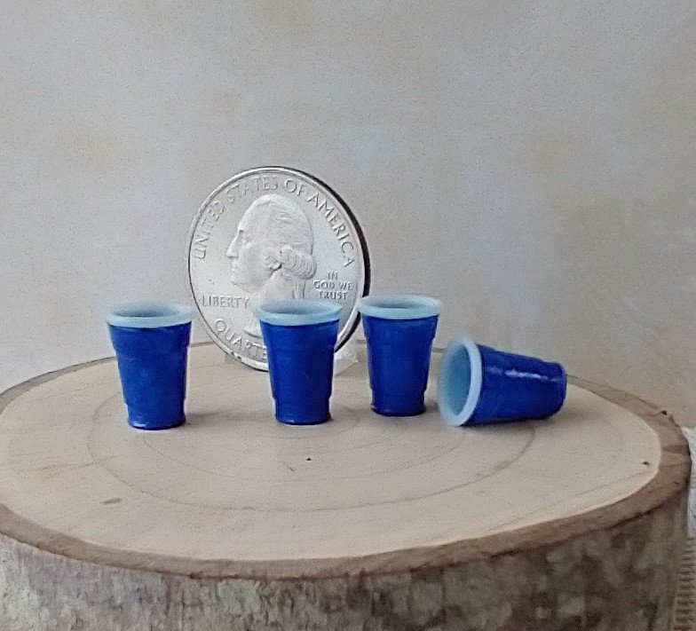 1:12 Dollhouse blue cups Faux disposable plastic cups Solo cups inspired for cold drinks Price is for one set of four blue cups (height 0.47")