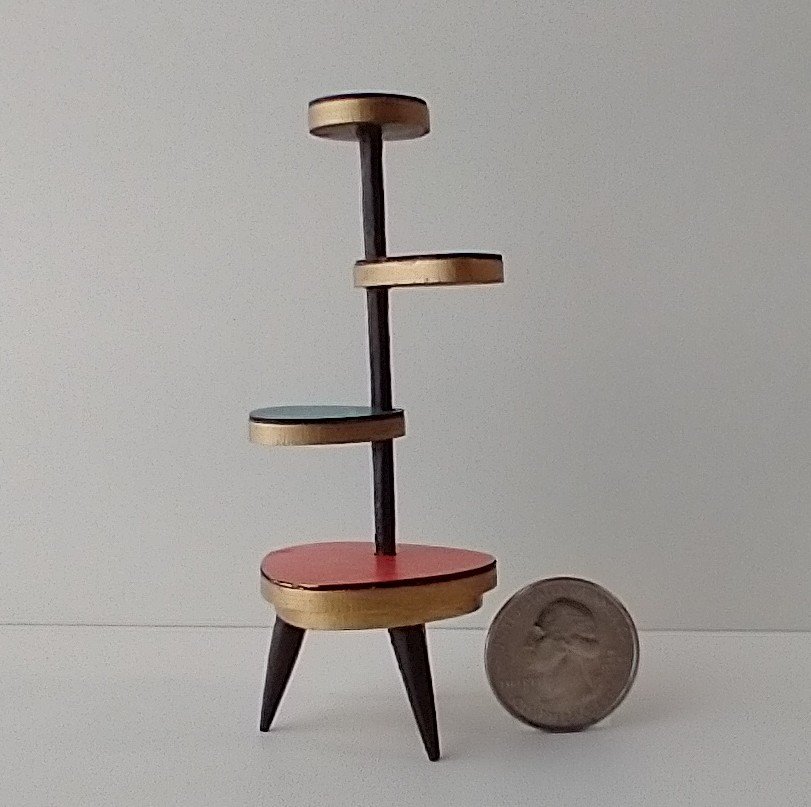1:12 Dollhouse mid-century style plant stand inspired by Formica 4-tier plant stand with tapered legs REF Loweest coral red platform