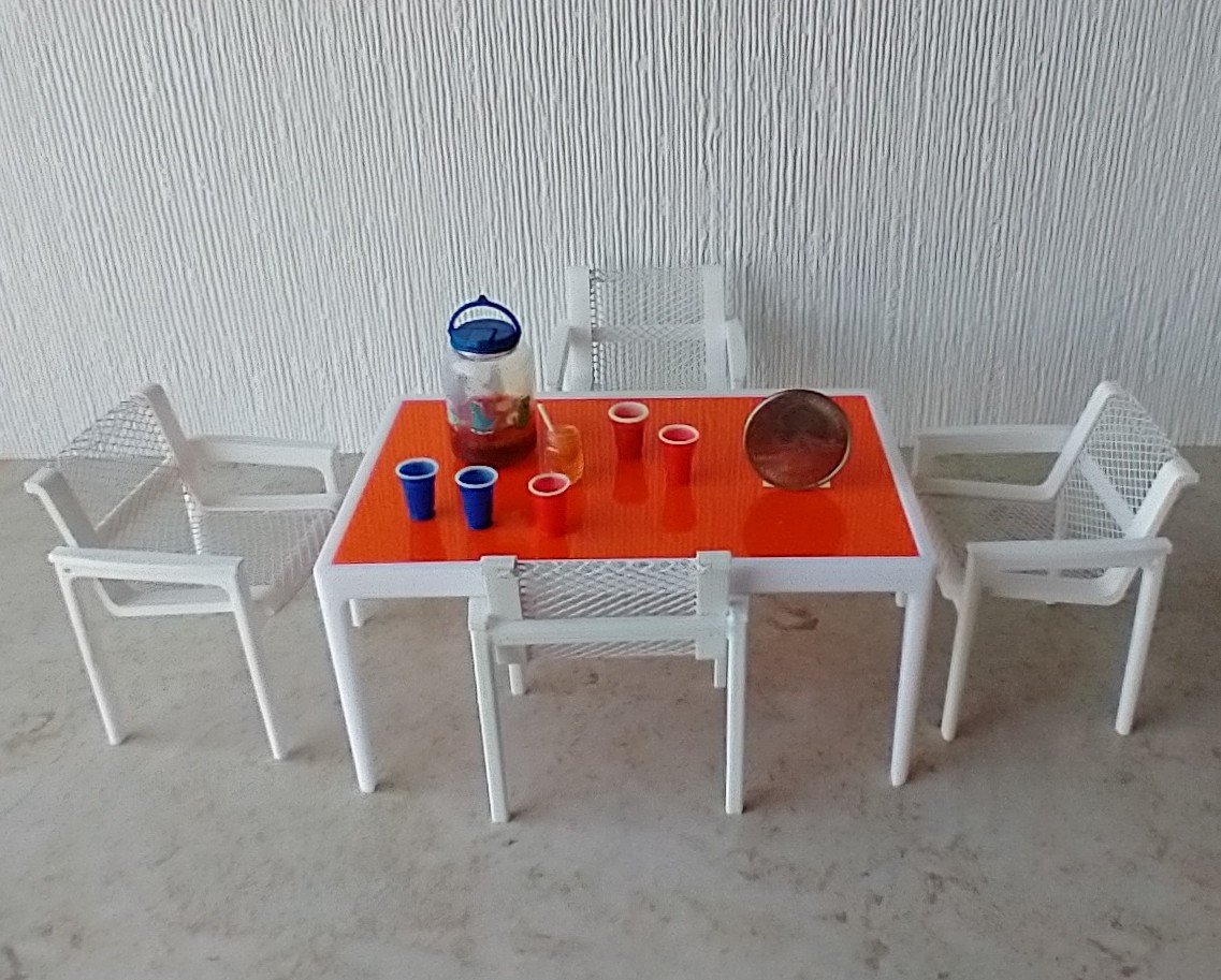 1:12 scale dollhouse patio ./ deck dining TABLE inspired by Richard Scultz's 1966 aluminum dining table REF Acrylic orange top