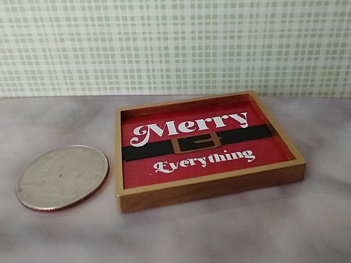 Play scale 1:6 or Barbie dollhouse rectangular serving tray with Santa belt + Merry Everything vinyl decals Acrylic serving tray in festive red for 12-inch dolls