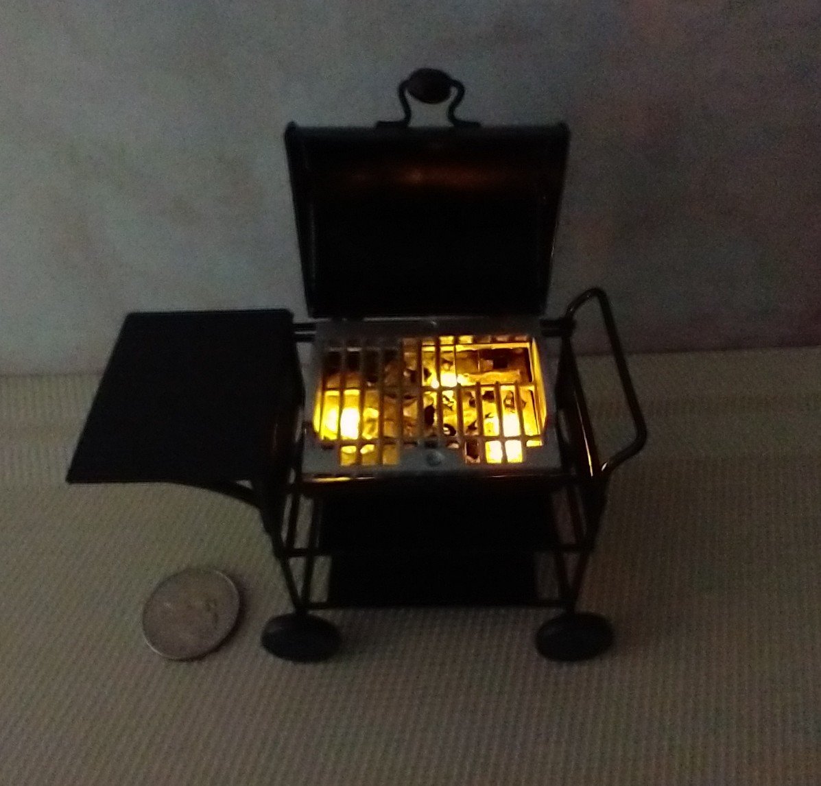1:12 Dollhouse BBQ grill (metal) with battery operated charcoal glowing / flickering insert Upgraded grate and enlarged left shelf for grilled goodies