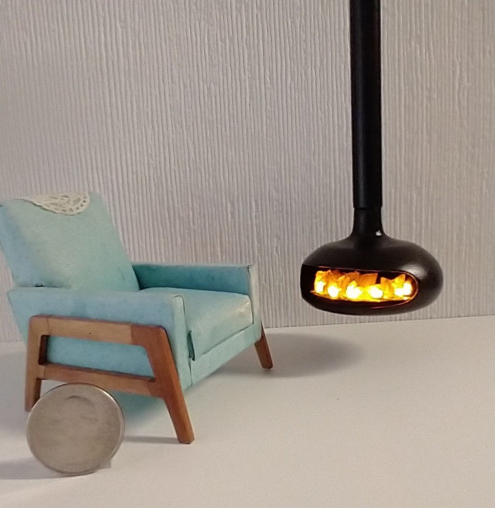 RESERVED for Sherryl.  1:12 Dollhouse miniature hanging modern fireplace with flickering insert REF Black