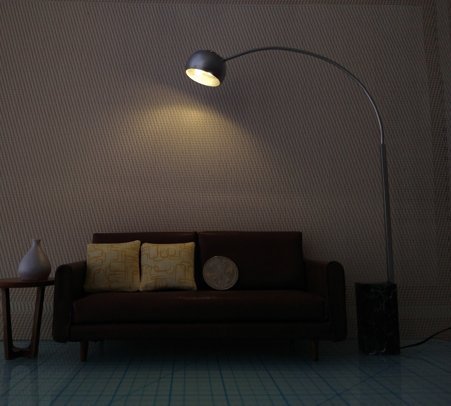 1:12 Dollhouse arc floor lamp with faux stone lamp base Mid century styled lamp Battery operated LED floor lamp on external wires