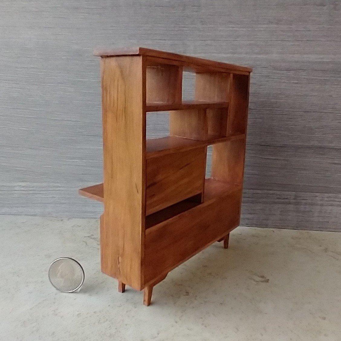 1:12 scale dollhouse mid-century modern wall unit room divider in cherry wood MCM display / book case with flip down door hinged doors working drawers