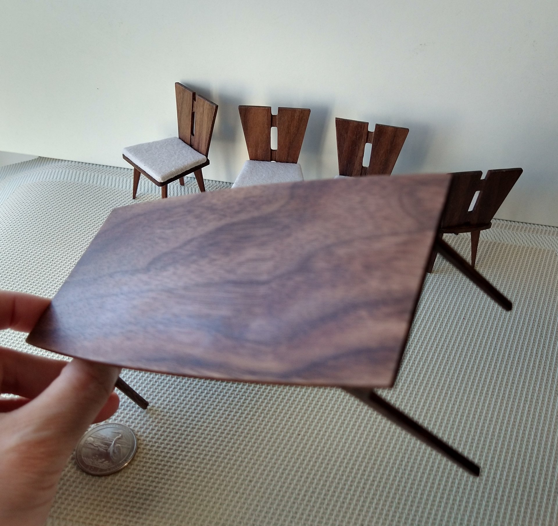 1:12 Dollhouse dining table and four chairs set in solid walnut Mid-century styled dining set