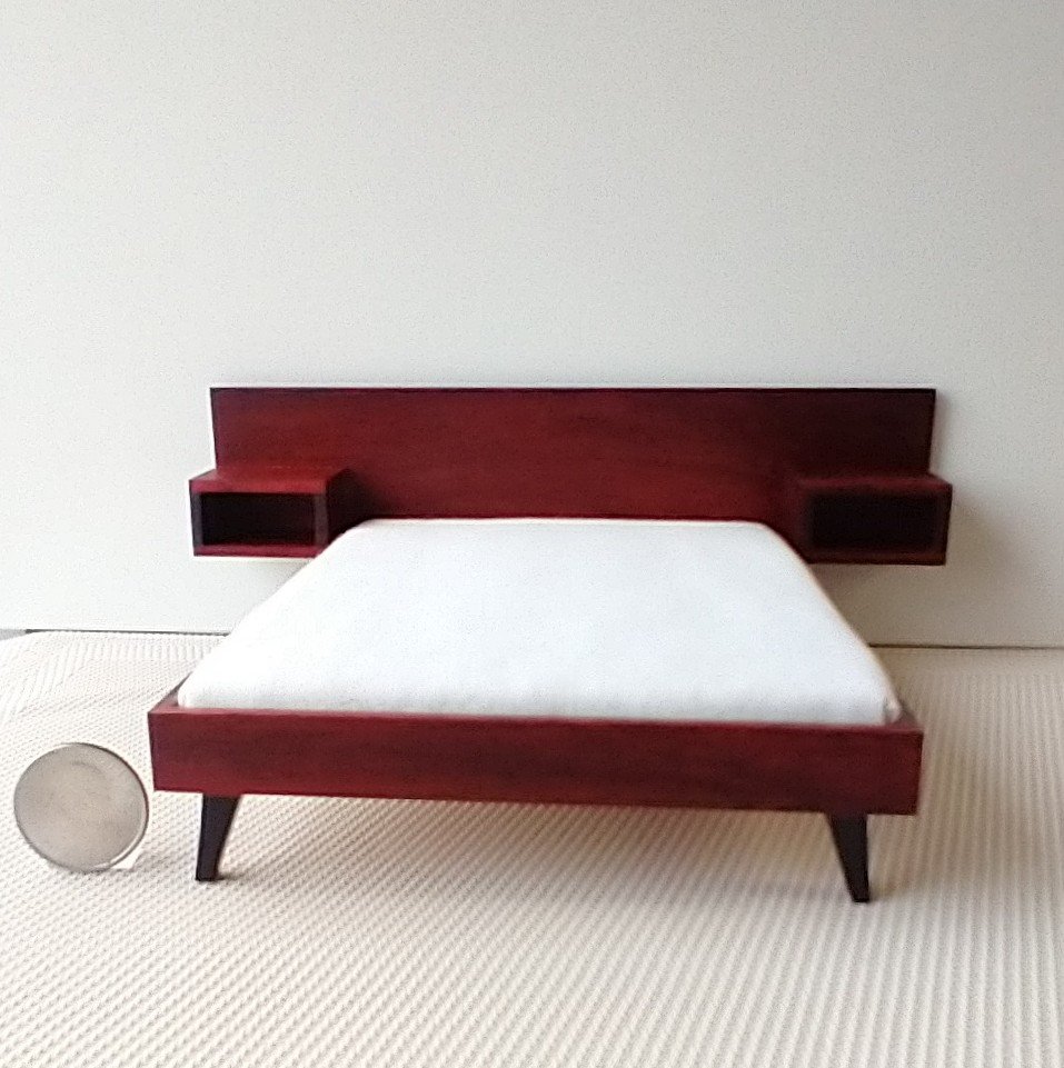 1:12 dollhouse MCM platform bed with built in night stands in solid African padauk comes with cotton fabric covered mattress