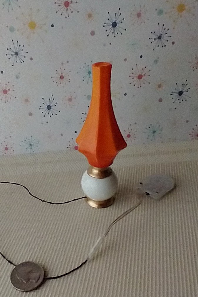 RESERVED 1:12 scale dollhouse mid-century style  large floor lamp orange cocoon Battery operated MCM lamp with external wires REF Large cocoon