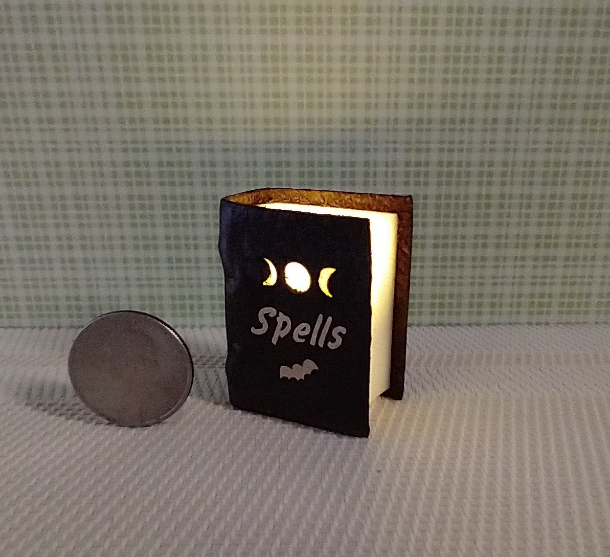 Mini leather bound book of spells Battery lighted Halloween spell book Halloween decor REF Medium brown leather