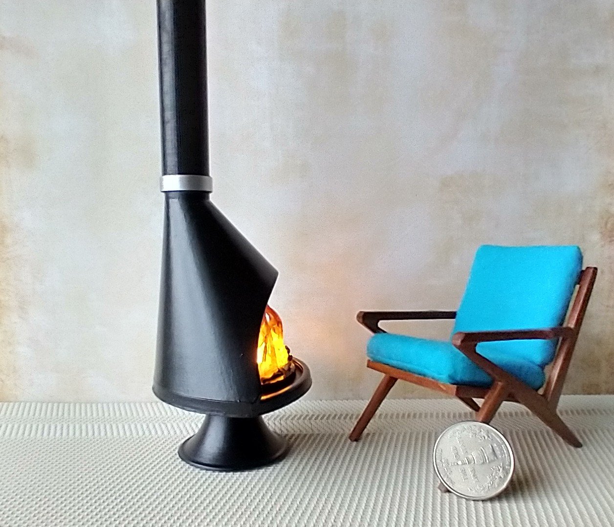 RESERVED 1:12 Dollhouse miniature Mid century modern free standing fireplace MCM Black fireplace inspired by Malm fireplace Retro fireplace REF Black