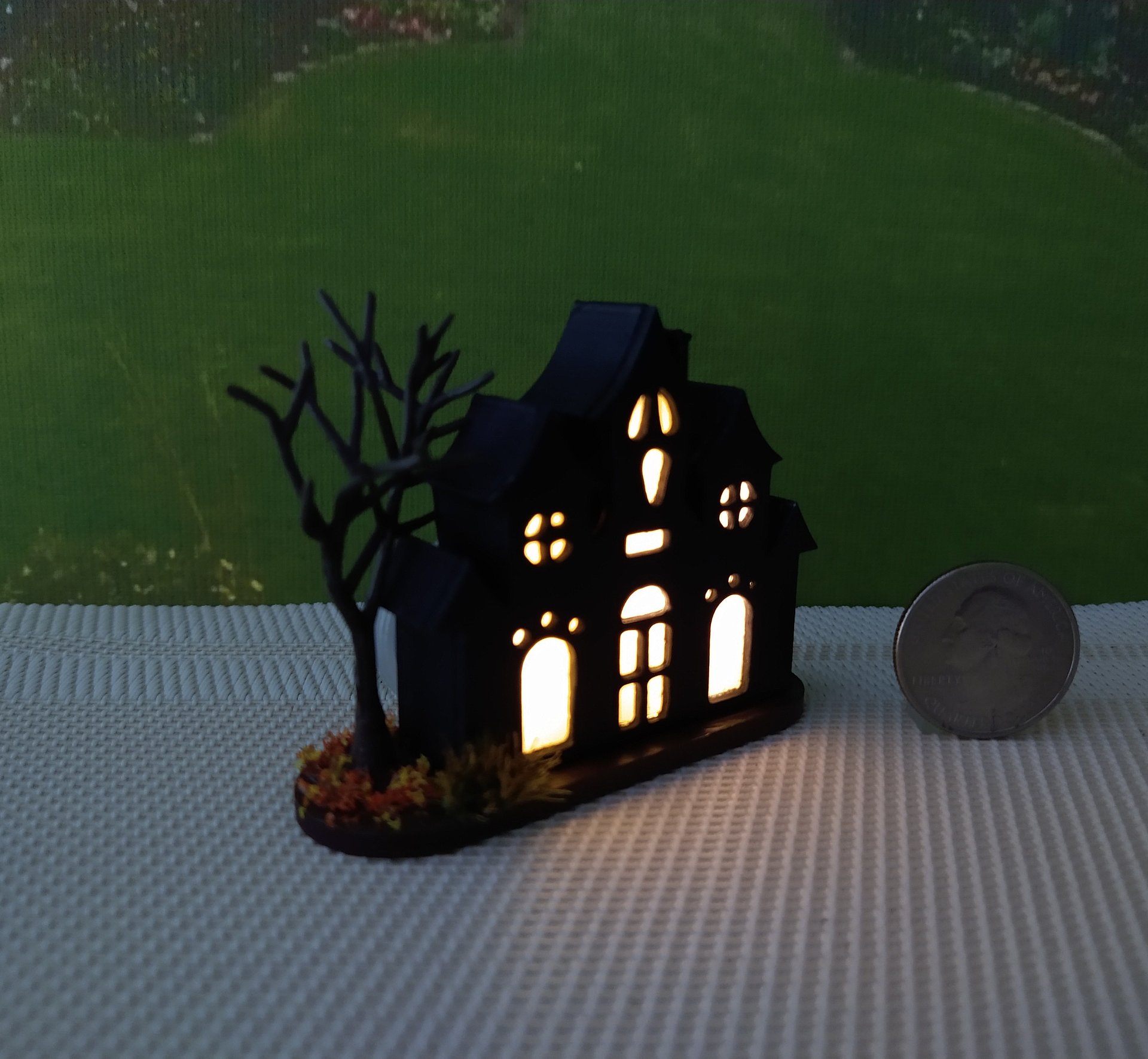 RESERVED Miniature light up halloween haunted house with leafless tree Battery operated for 1-inch scale or play scale REF 1