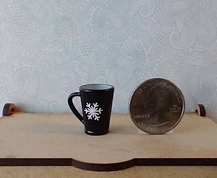 Play scale 1:6 or Barbie winter themed mug for 12-inch dolls REF Black with 2 snowflakes