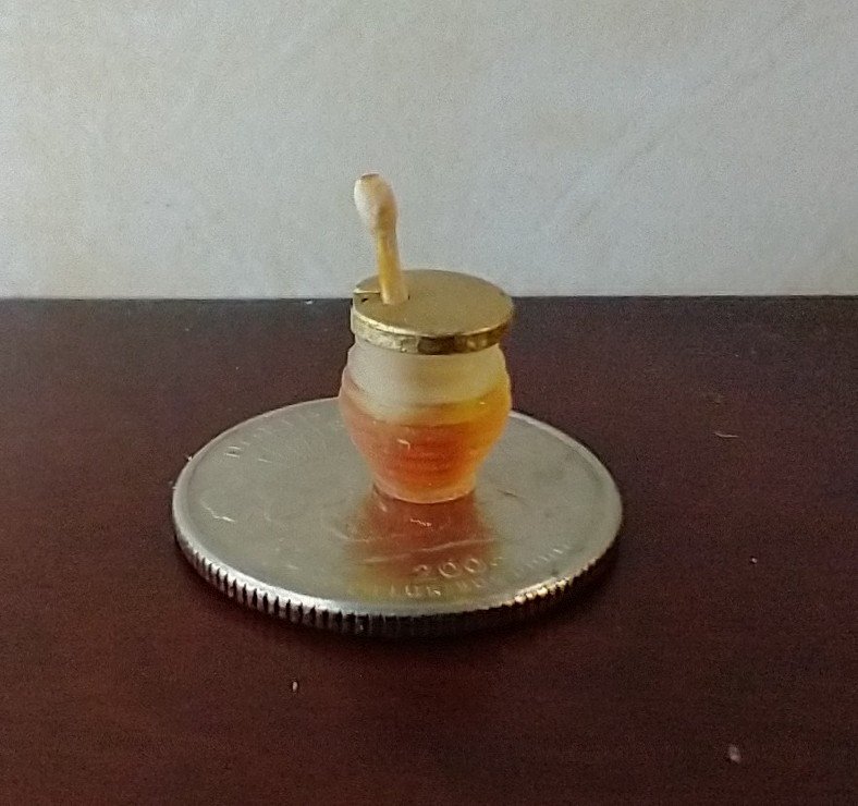 1:12 Dollhouse clear beehive honey jar with immersed wooden dipper and removable golden lid REF Golden lid