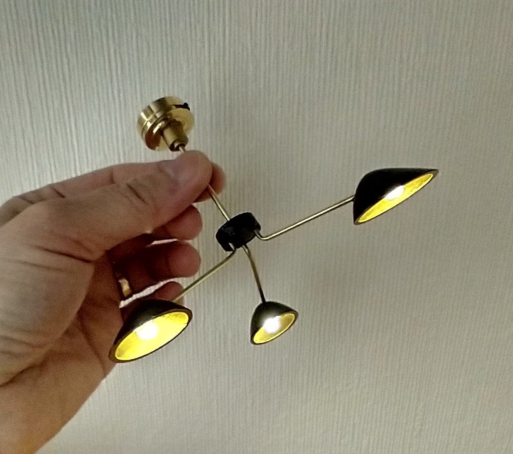 1:12 Dollhouse miniature mid-century modern curvilinear chandelier MCM 3-light ceiling light Battery operated LED miniature lamp