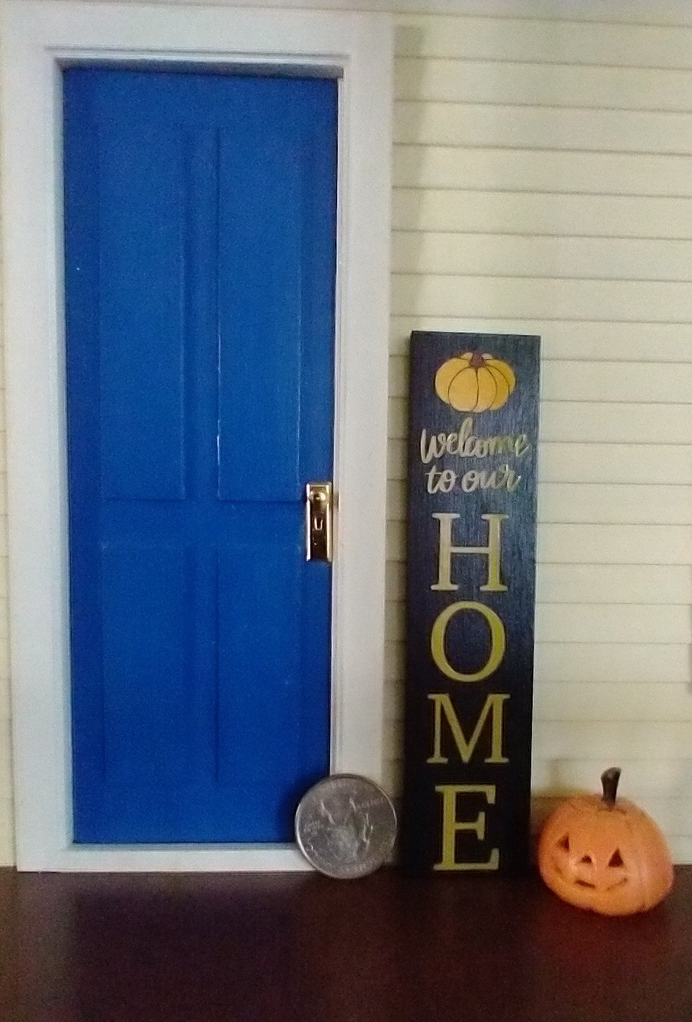 1:12 Dollhouse porch sign Welcome to our Home with pumpkin decal Wooden porch sign for autumn REF Black background