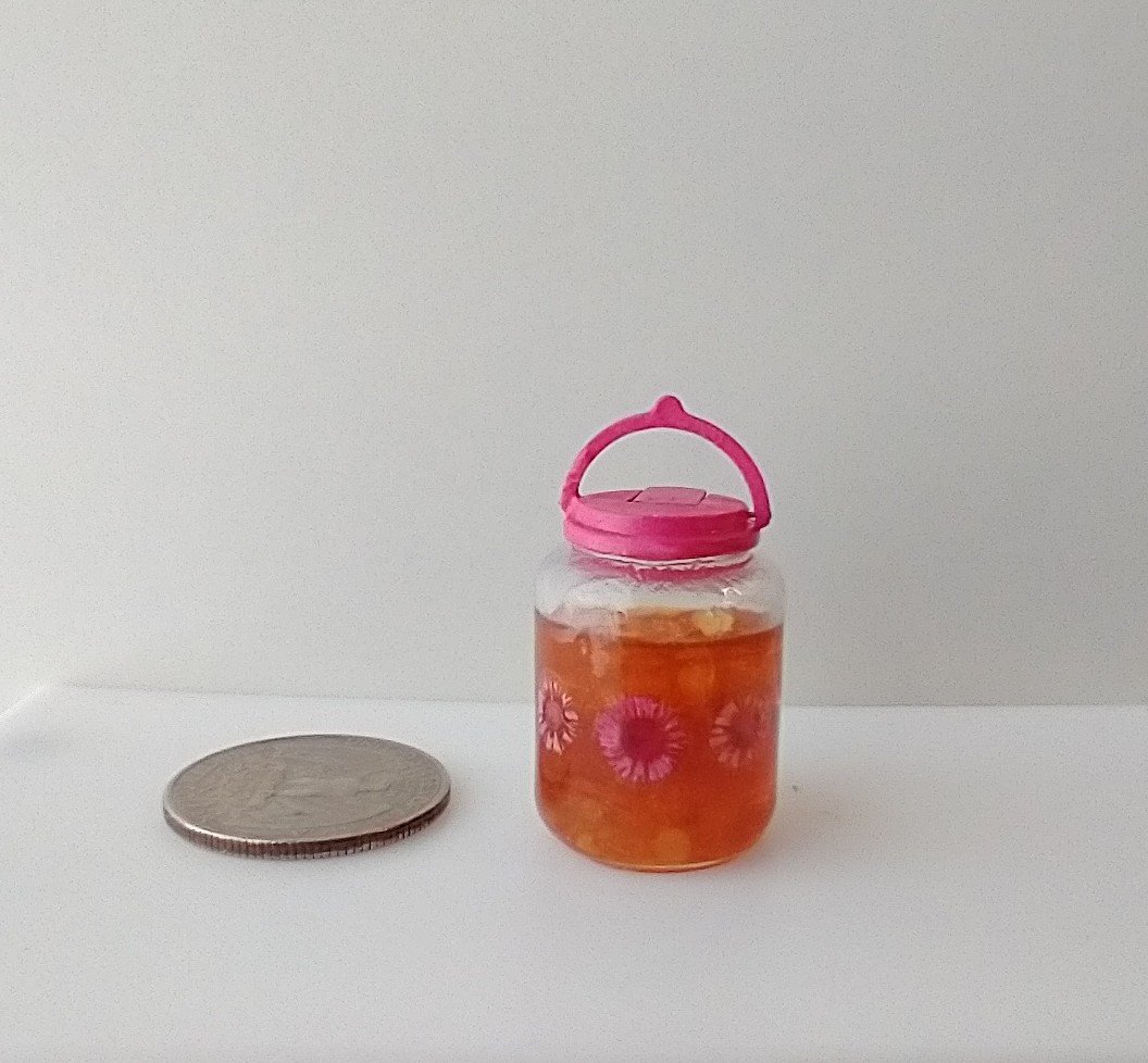 1:12 Dollhouse miniature large tea jar filled with faux tea and ice cubes REF Fuscia lidded