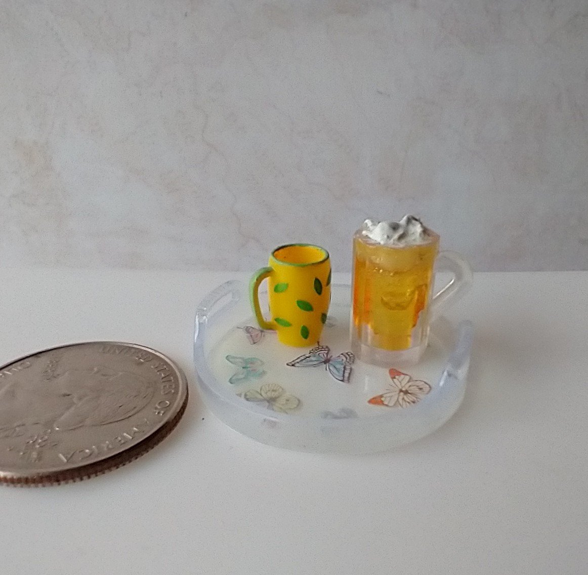 1:12 scale round serving tray faux acrylic tray with butterflies on white background