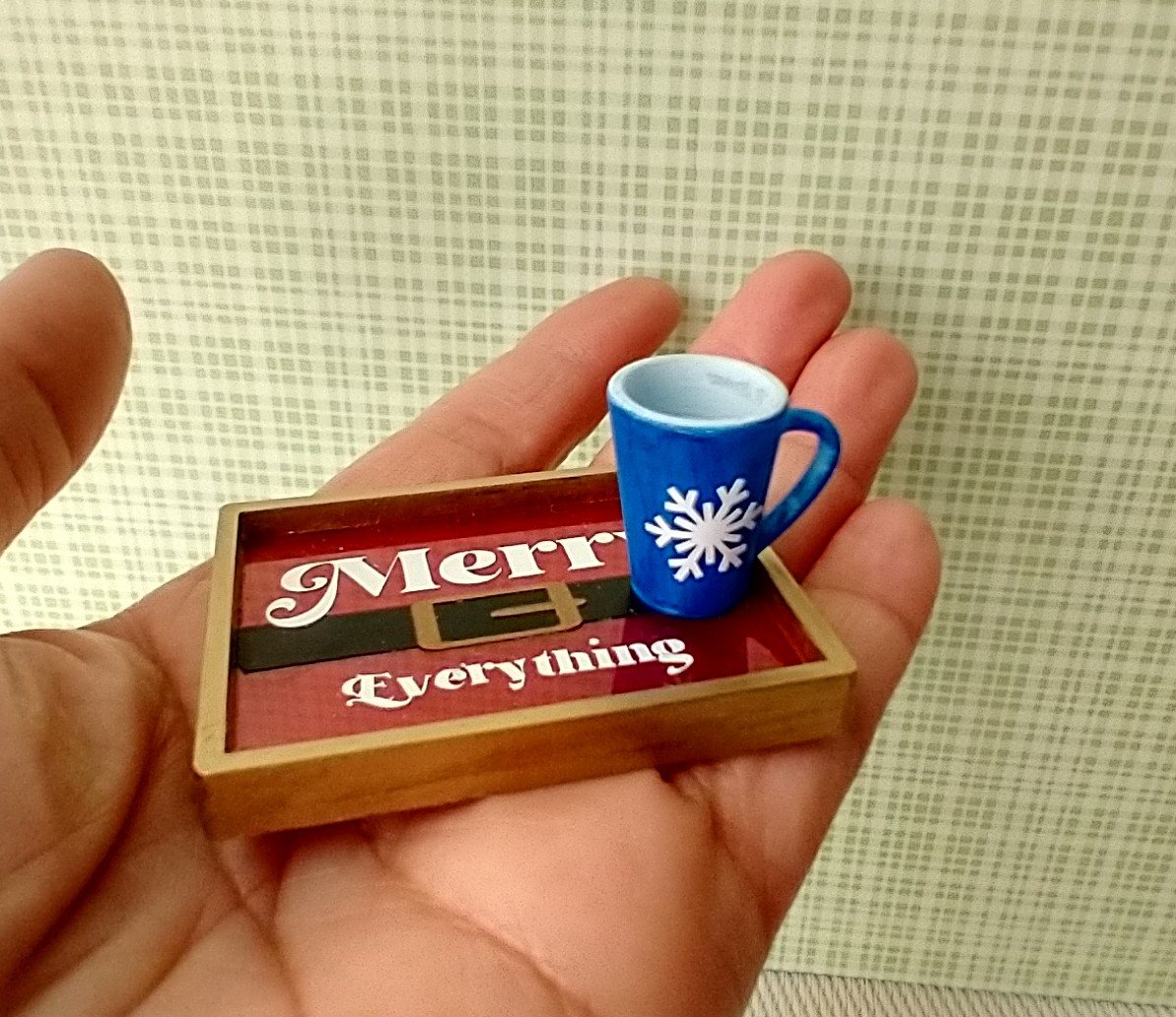 Play scale 1:6 or Barbie dollhouse rectangular serving tray with Santa belt + Merry Everything vinyl decals Acrylic serving tray in festive red for 12-inch dolls