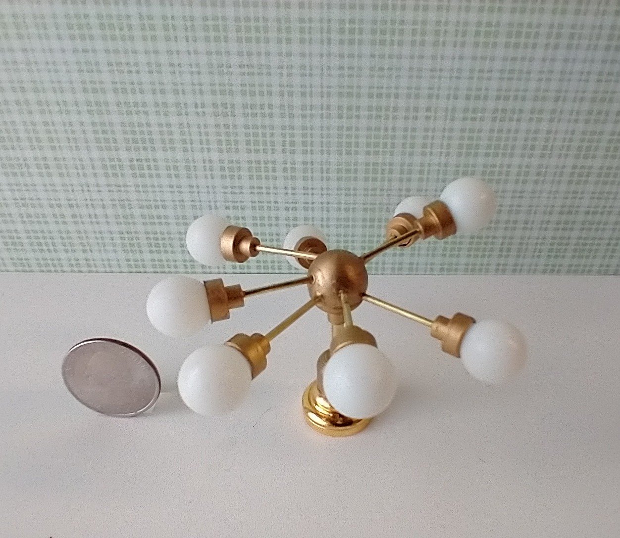 For Lisa MADE TO ORDER 1:12 Dollhouse mid-century inspired space age orbit chandelier Battery operated atomic age MCM 8-arm ceiling light Dollhouse sputnik chandelier