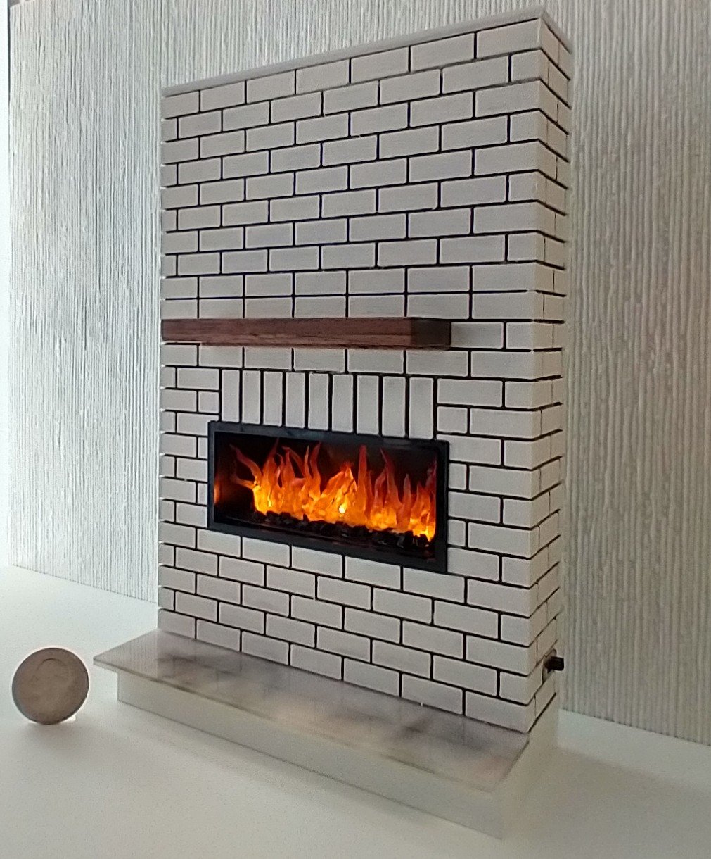 1:12 Dollhouse modern brick patterned fireplace with flickering insert slide switch battery opeated by two AAA batteries Free standing